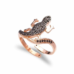 Black Zircon Lizard Shape Design Adjustable Ring Turkish Handcrafted Wholesale 925 Sterling Silver Jewelry